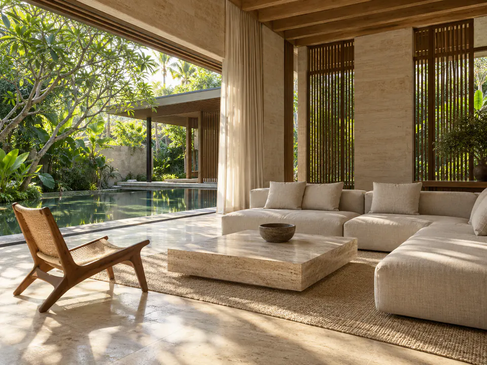 A travertine interior opening to a quiet tropical courtyard