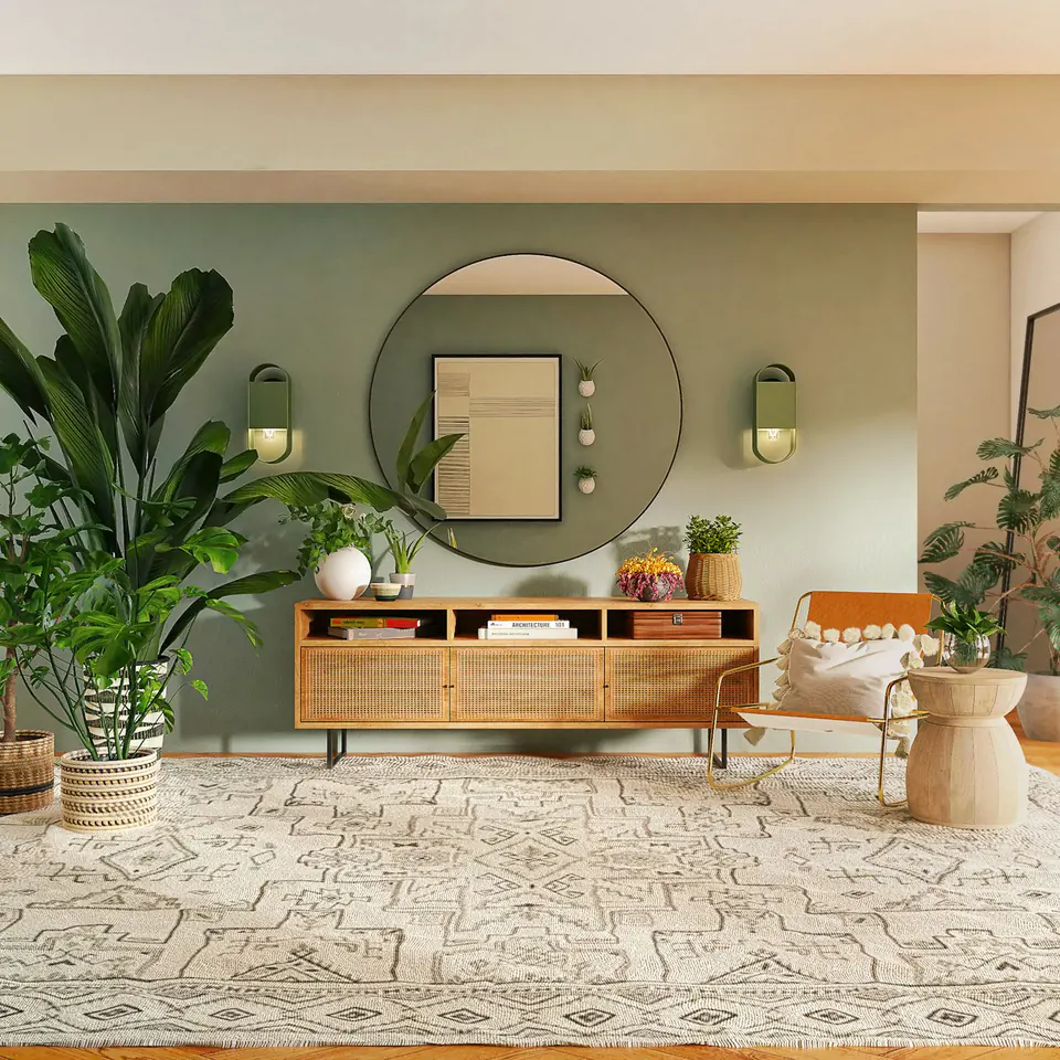 Cane cabinetry, natural timber, and woven textures in a warm interior
