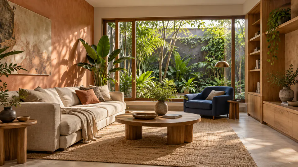 Living room concept with a linen sofa, peach wall, cobalt reading chair and oak joinery beside a large tropical garden window